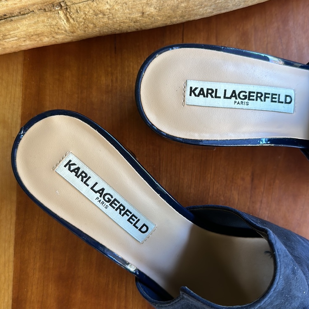 Karl Lagerfeld Navy Suede Tassel Block Heel Mules - Picture 3 of 8